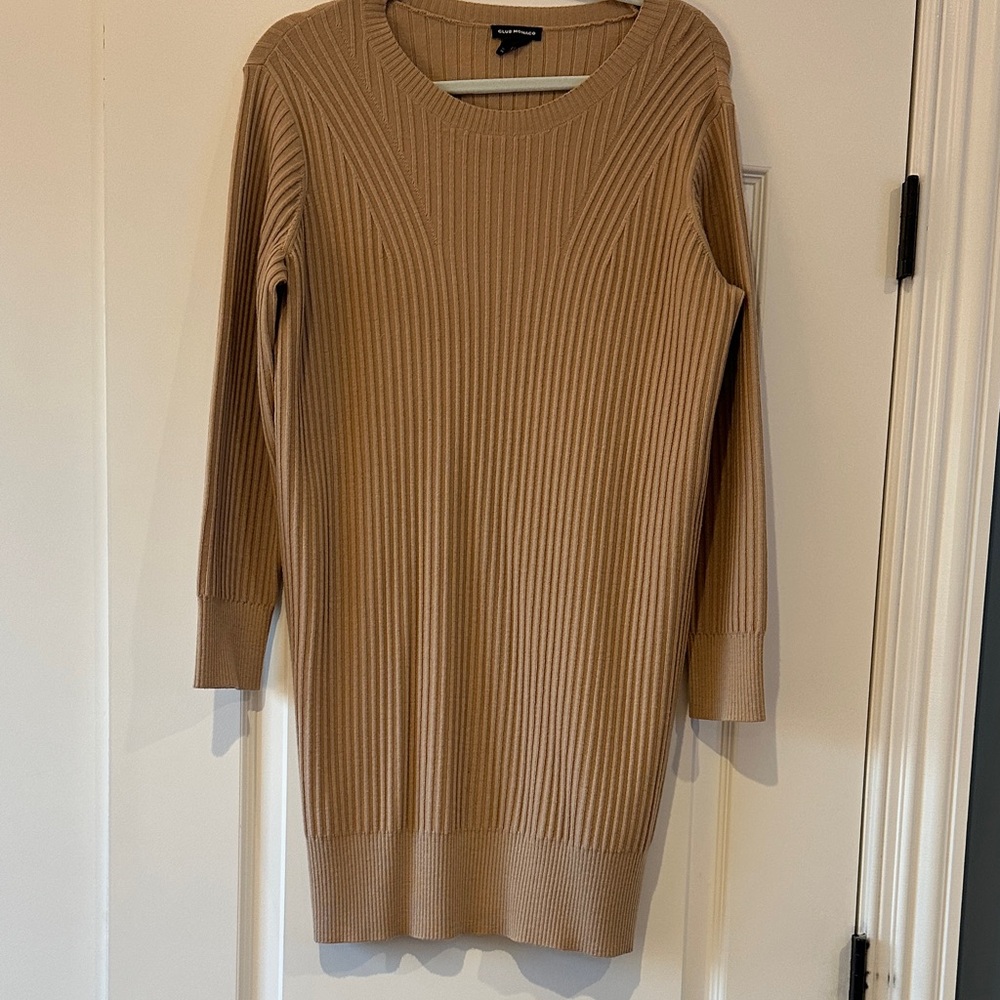 Club Monaco Ribbed Crewneck Sweater Dress — Camel/Tan size large